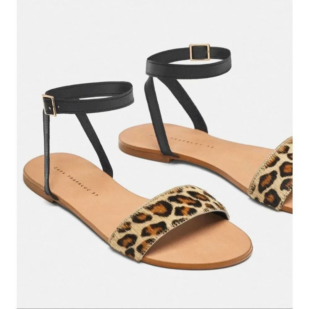 ZARA FLAT LEATHER SANDALS WITH LEOPARD PRINT STRAP SIZE 40 US 10 - Picture 4 of 8